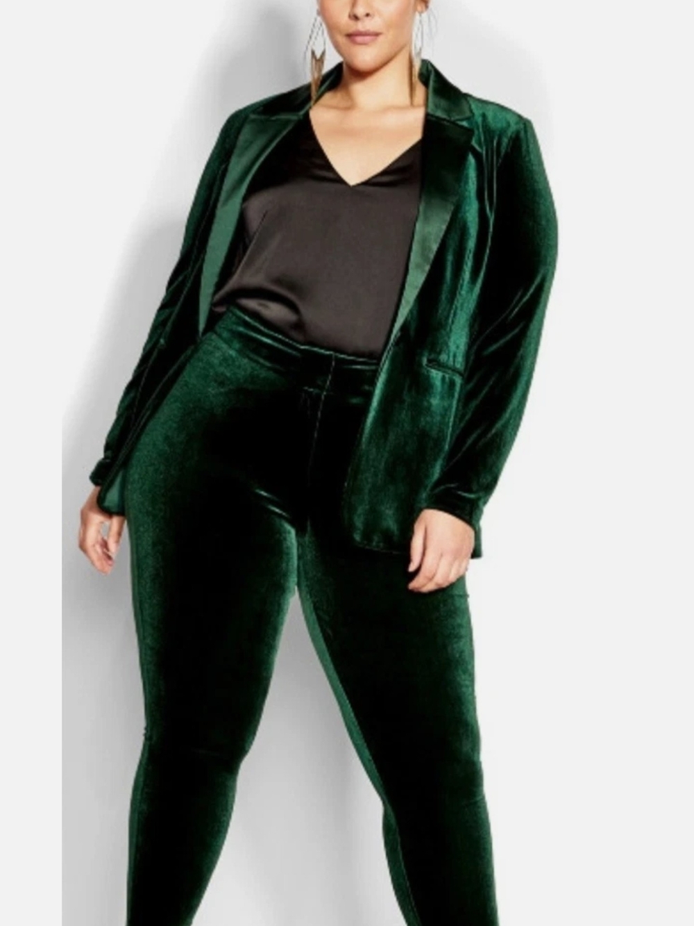 City Chic Velvet Blazer and High-Waist Leggings Set - Green